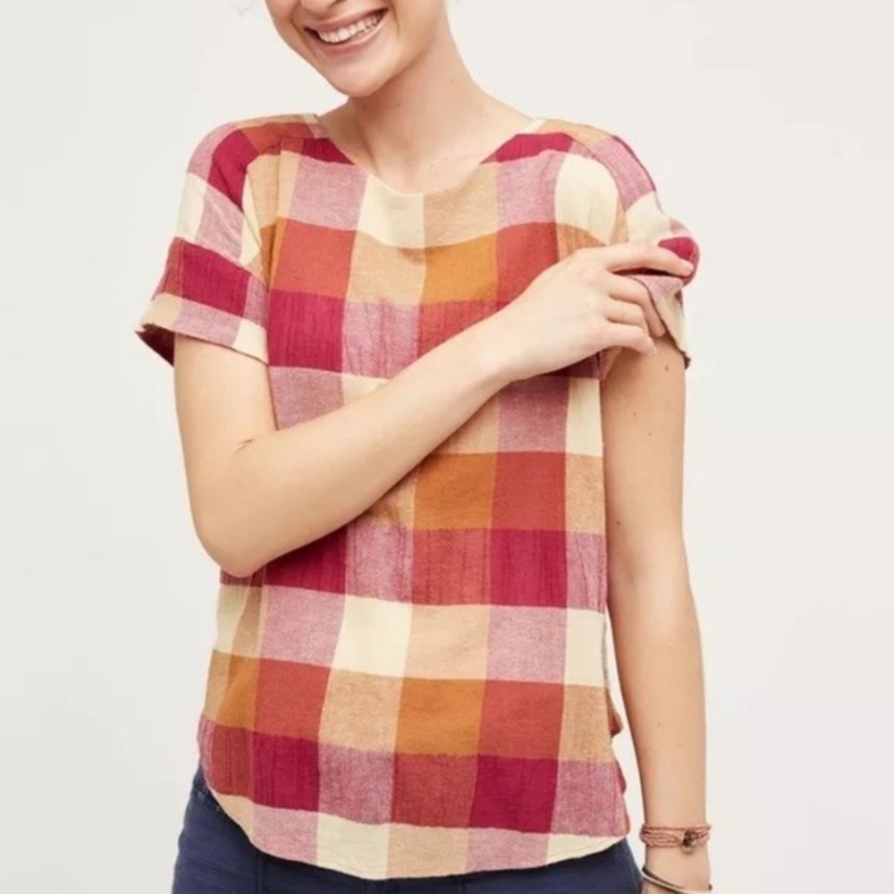 Isabella Sinclair Anthropologie‎ S Posy Plaid Top Boxy Relaxed Fit Casual Shirt